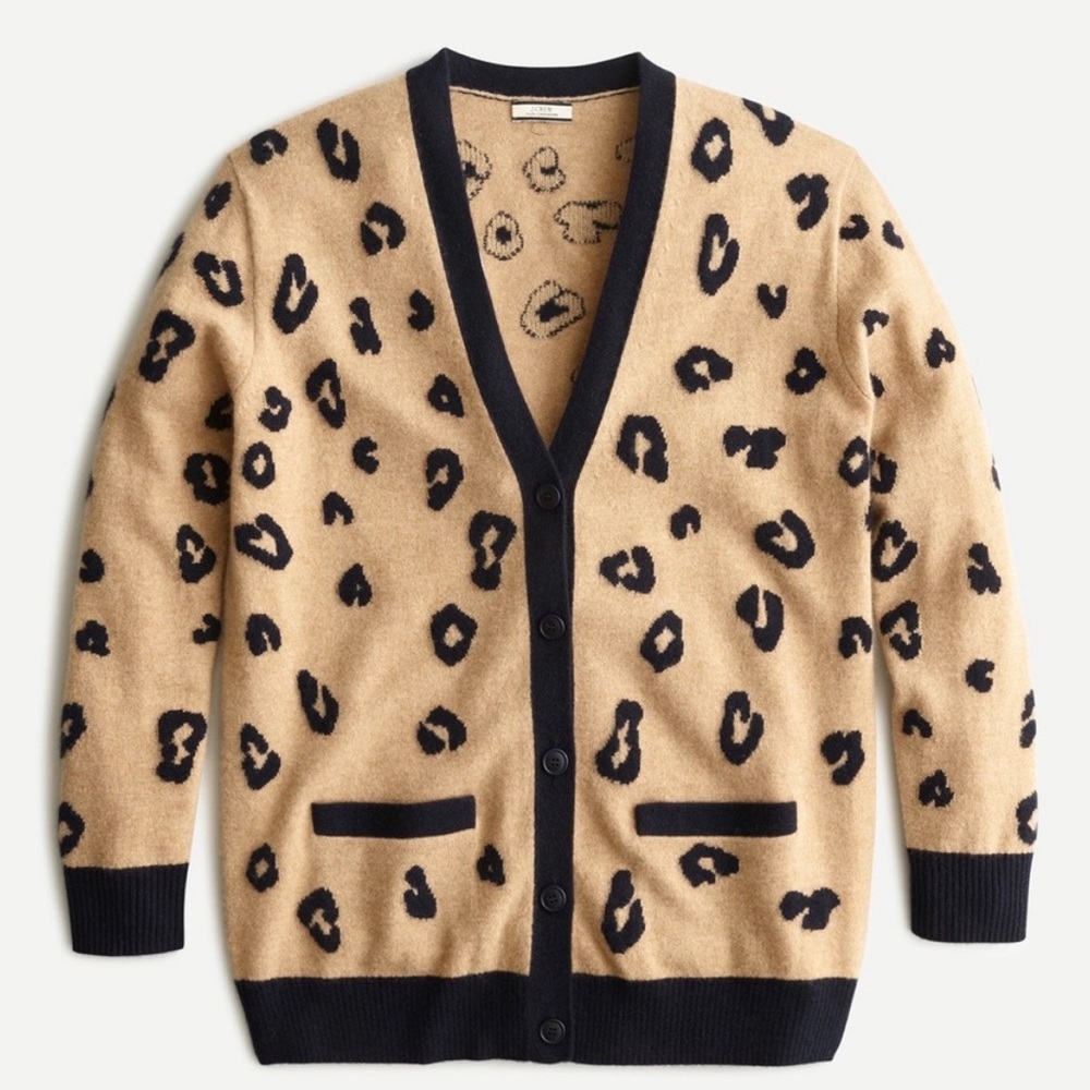 Cashmere boyfriend cardigan sweater in leopard NWOT
